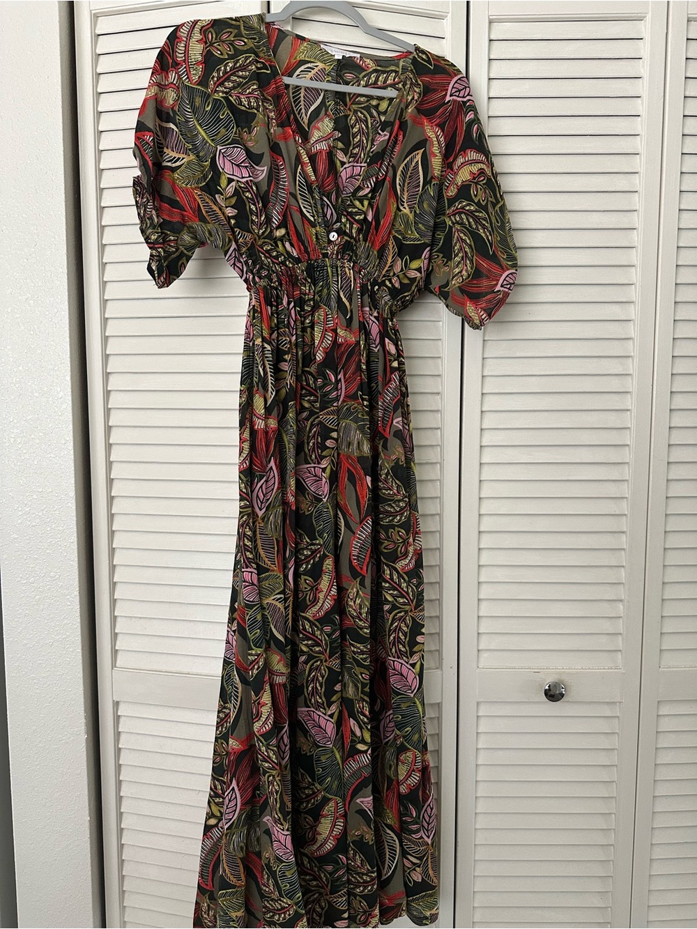 Olivaceous Black Maxi Dress with Red, Pink & Green Leaf Print
